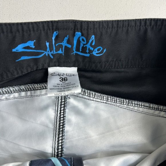 SALT LIFE Board Shorts Mens Size 36 Blue Black Stretch Beach Trunks Zip Pocket - Picture 8 of 8